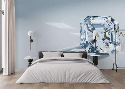 Close-up asscher cut diamond with caustics rays on light blue background Wall mural