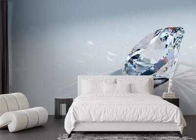 close-up round brilliant cut diamond with caustics rays on light blue background, side view Wall mural