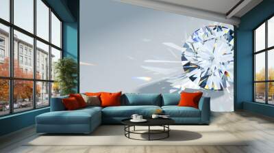 close-up round cut diamond with caustics rays on light blue background Wall mural