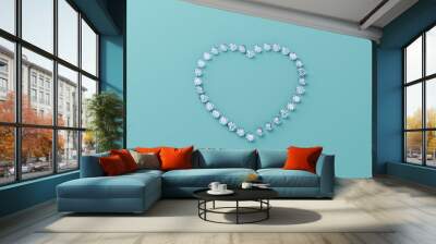 Heart shaped frame of diamonds on tiffany blue background. 3D rendering Wall mural