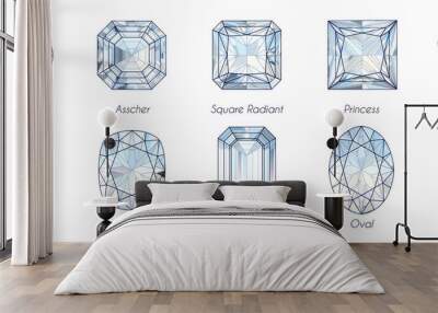 Ten popular diamond shapes with titles on white background. Wall mural