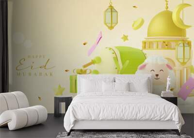 3d modern Islamic banner, suitable for Ramadan, Eid al fitr, and Eid al Adha with mosque, lanterns, moon, gift, ketupat, and cute sheep Wall mural