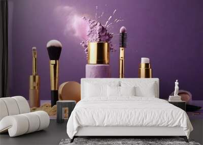 Set of decorative cosmetics with splash on purple background, close up view Wall mural