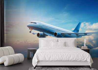 Airplane flying in the air with blue sky background Wall mural