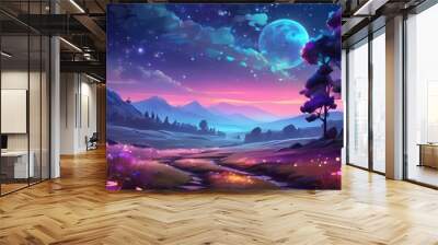 Anime beautiful 8k glowing moon plants wallpaper field backdrop background landscape moonlight generative AI Wall mural