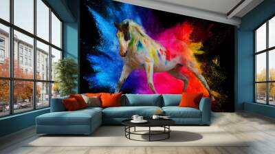 Artistic horse with color holi powder in action Wall mural