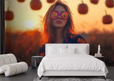 Beautiful stylish young woman in extravagant sunglasses and jacket with scary pumpkin prints standing in front of the sunset at a Halloween party. Wall mural