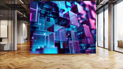 3d abstract technology background with fractal glass cubes wall structure. Web banner and futuristic digital art. Wall mural