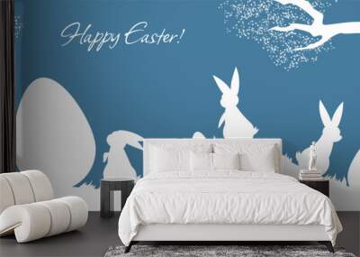 Collection of white rabbits and eggs scene in silhouettes for Easter Holiday. decorative animals, symbols of the celebration, vector graphic decorations. Wall mural