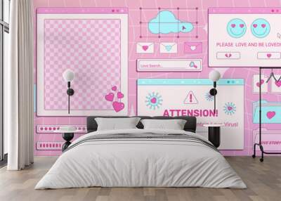 Set of screens of an old retro PC in the y2k style with greetings on a Valentine's Day holiday. Retro backgrounds, opened pc windows. Pink vintage computer interface with hearts and text, vector art. Wall mural