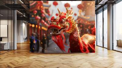 Close-up of a decorated Grand Dragon walking in a Parade performing its traditional dance during the Chinese New Year with chinese style buildings in the background. Wall mural