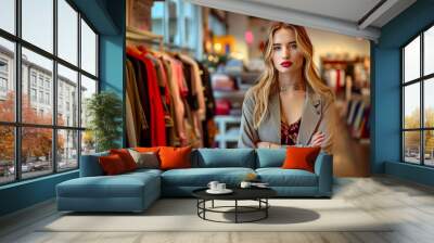 Confident young woman posing in trendy clothing store while exploring fashion choices during daytime visit Wall mural