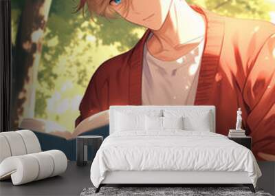 a young blonde man reading a book, Anime illustration of a young man reading a book in the park, student, university, college life Wall mural