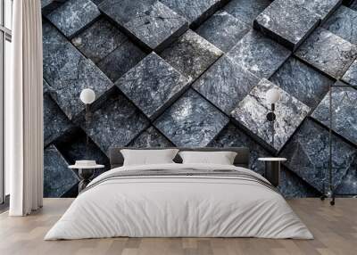 dark stone abstract 3D background with squares, textured geometric backdrop, abstract textured blocks. Geometric shapes overlap creating harmonious abstract composition. Wall mural