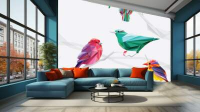 low polygon style colorful birds on tree branches set collection Wall mural