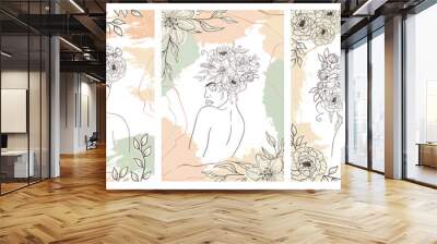 Hand drawn invitation cards of woman figure with flowers and leaves in line art. Gentle silhouette young woman, brush, drops and strokes of paint. Portrait abstract face. Vector set illustration Wall mural