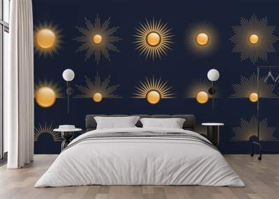 Hand drawn set of 3d glossy golden Sun, sunburst, starburst, light rays. Bohemian symbol bursting sun rays. Magic talisman, antique style, boho. Vector illustration isolated on blue background Wall mural