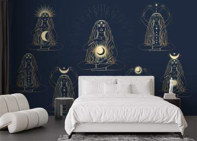 Hand drawn set of golden silhouette mystical women with Sun, moon, star in line art. Spiritual abstract young woman. Magic collection esoteric talisman. Vector illustration Wall mural