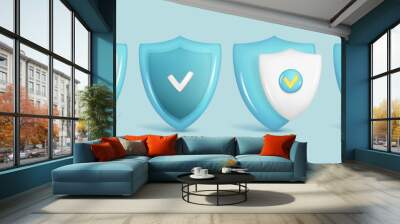 Set of realistic 3d glossy security safe icon with checkmark and padlock. Customer 3d cartoon guaranteed protection symbol, quality protected shield emblem. Vector illustration on blue background Wall mural