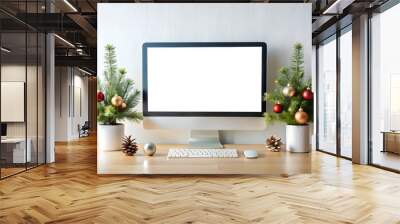 Monitor mockup featuring a blank white screen, framed by two small Christmas trees decorated with red and gold ornaments, creating a festive holiday workspace setup. Wall mural