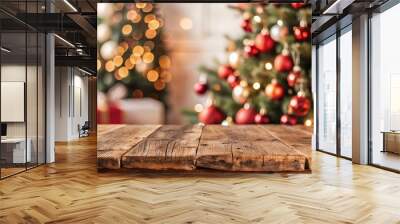 Rustic wooden table in front of a beautifully decorated Christmas tree with red and gold ornaments, featuring soft holiday bokeh lights in the background for seasonal product displays. Wall mural