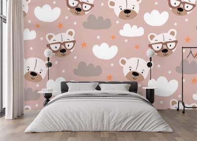 seamless teddy bear, clouds, stars pattern vector illustration in beige pastel colors Wall mural