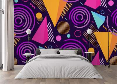 Seamless geometric pattern. Various  shapes on a dark purple background. Vector Colorful print in the style of Memphis, minimalist texture. 80s-90s trends designs. Modern retro template. Wall mural