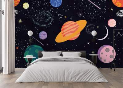 Seamless vector pattern. Space, universe. Abstract background. Different colored planets (planets of the Solar system and fantastic), stars, comets, galaxies. Starry sky. Outer space template. Wall mural