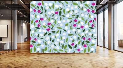 Spring flowery pattern with white, pink tulips, leaves on a pastel blue background. Seamless floral print for wrapping, textile, wallpaper, covers...Delicate Botanical design. Vector flourish texture. Wall mural