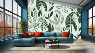 Tropical leaves on a light background. Botanical backdrop with exotic plants. Floral seamless pattern. Fashionable print in pastel colors. Wallpaper. Hand vector illustration. Modern design. Wall mural