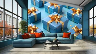 Sophisticated blue gift boxes with gold ribbons on a pastel blue background. Ideal for festive or holiday-themed designs with copy space for promotional text. Wall mural