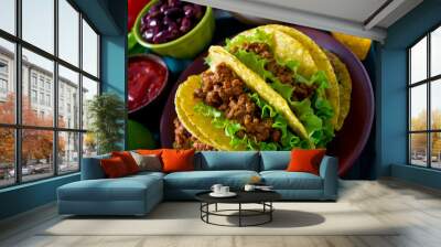 plate of tacos, nachos and tomato dip Wall mural