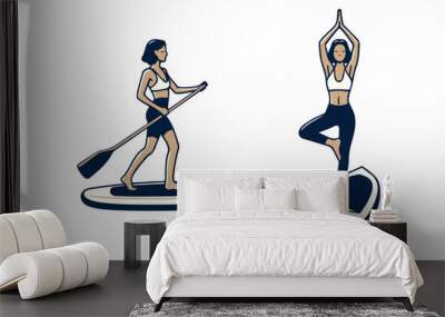 Two women engaging in paddleboarding and SUP yoga illustration, isolated on white background. Ideal for fitness and wellness retreat advertisements, water sports equipment branding, and healthy lifest Wall mural