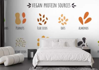 Vegan protein sources, edamame beans, peanuts, flax seeds, oats, almonds, chia seeds, sunflower seeds, hemp, chickpeas, pumpkin seed. Cartoon vegan healthy food. supplements for vegetarians.
 Wall mural