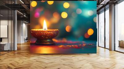 A beautifully lit oil lamp shines brightly, surrounded by colorful bokeh lights during a Diwali festive celebration, generative ai Wall mural