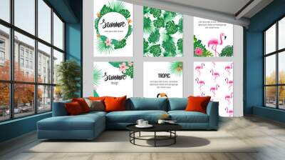 Set of six cards with tropic elements. Seamless patterns with flamingo and tropic plants. Wall mural