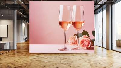 two glasses of rose wine and roses on pink background, romantic still life, valentine's day, ai gene Wall mural