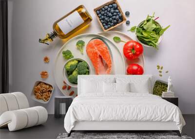 Variety of fresh, whole unprocessed food; healthy nutrition, anti-inflammatory diet Wall mural