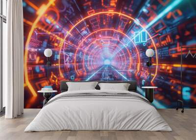 A glowing neon tunnel filled with futuristic geometric symbols and digital elements, creating a vibrant, cyberpunk atmosphere.  
 Wall mural