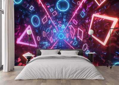 A glowing neon tunnel filled with futuristic geometric symbols and digital elements, creating a vibrant, cyberpunk atmosphere.  
 Wall mural