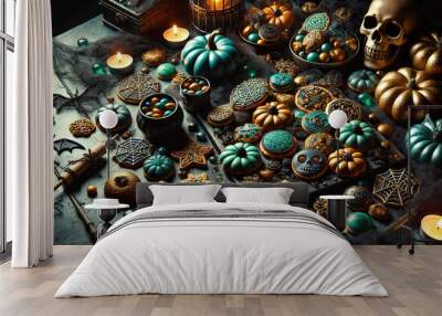 A spooky Halloween table filled with detailed treats, magical Halloween setting
 Wall mural