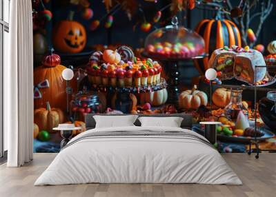 A spooky Halloween table filled with detailed treats, magical Halloween setting
 Wall mural