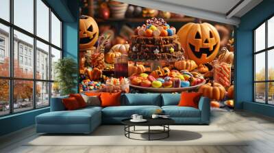 A spooky Halloween table filled with detailed treats, magical Halloween setting
 Wall mural