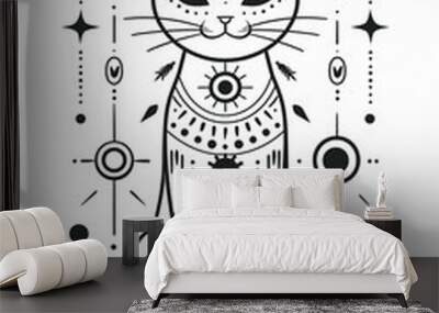 Adult colouring book page	Mystical Cat with Celestial Symbols Illustration  
 Wall mural