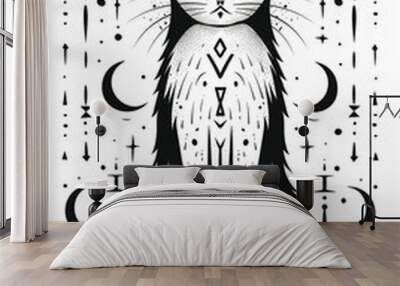 Adult colouring book page	Mystical Cat with Celestial Symbols Illustration  
 Wall mural