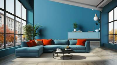 Blue modern minimalistic interior background wall mockup 3d render Wall mural