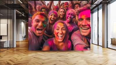 Cheerful people at the festival of colors Holi, generative AI Wall mural