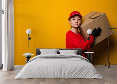 Young delivery asian woman holding and carrying a cardboard box isolated on a yellow background. Delivery service, quarantine, coronavirus Wall mural