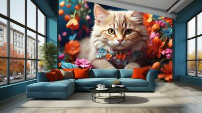 cat and flowers, animal on spring, cute cat on floral background Wall mural