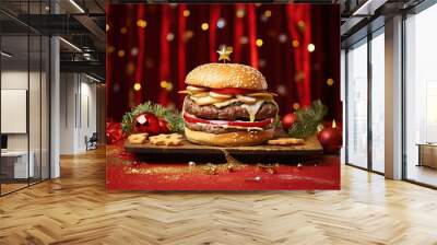 christmas background with a tasty burger, delicious food on red background Wall mural